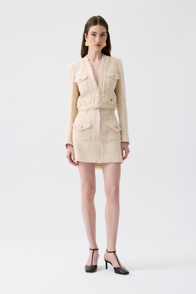 Fringed Detail Beige Tweed Mini Blazer