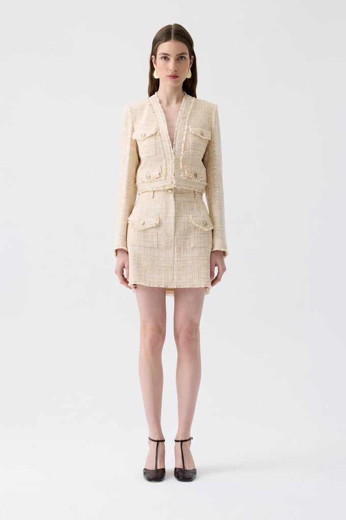 Fringed Detail Beige Tweed Mini Blazer