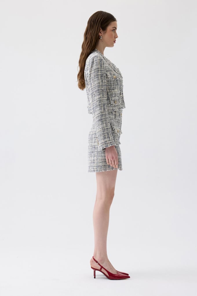 Fringed Detail Navy Blue Tweed Mini Blazer