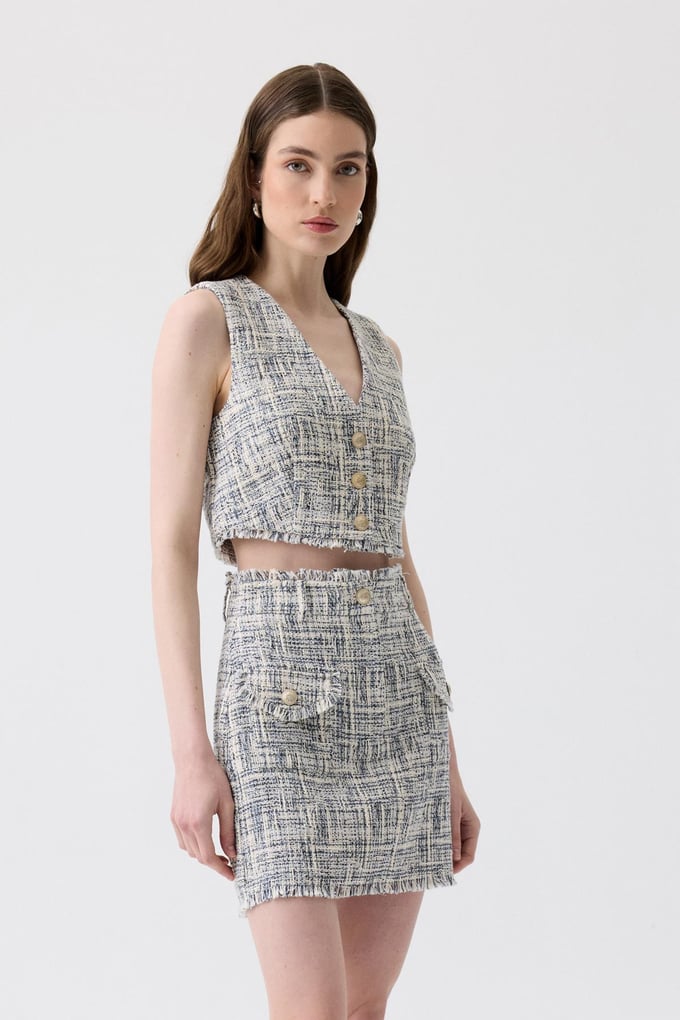 Püskül Detaylı Tüvit Lacivert Mini Etek