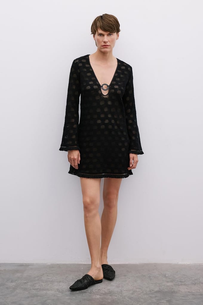 Fringe Detail Long Sleeve Mini Black Dress
