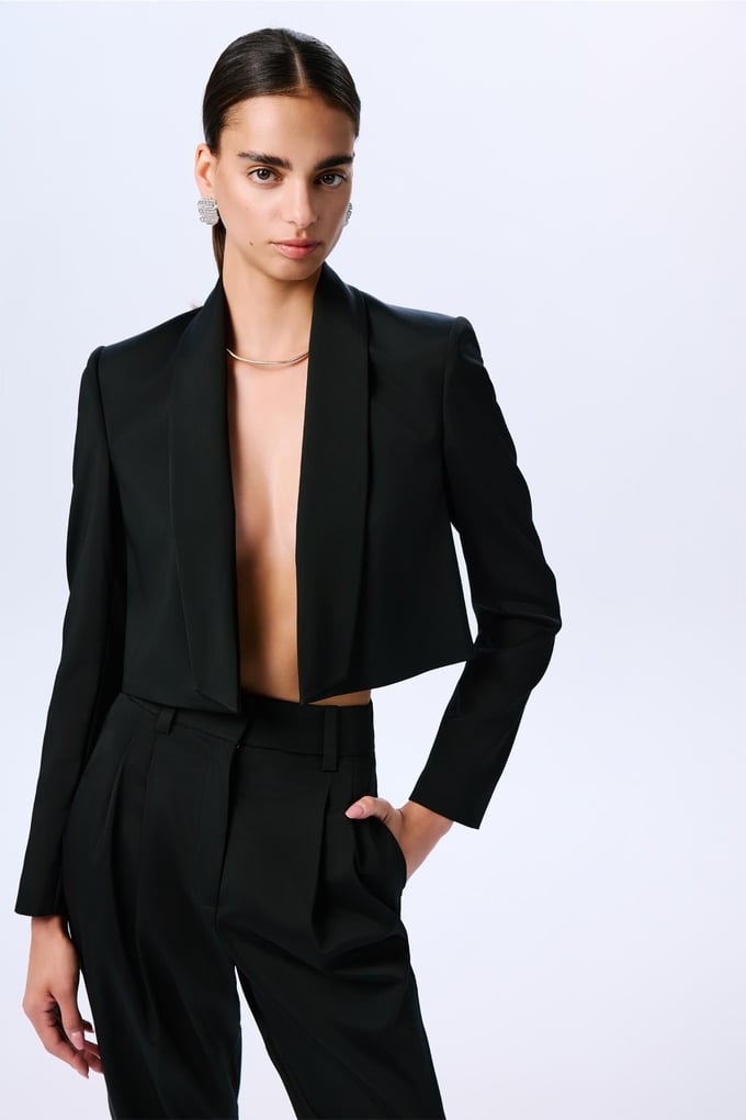 Shawl Collar Long Sleeve Black Crop Jacket  