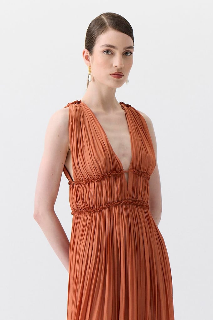 Glitter Stitch Detail Orange Long Dress