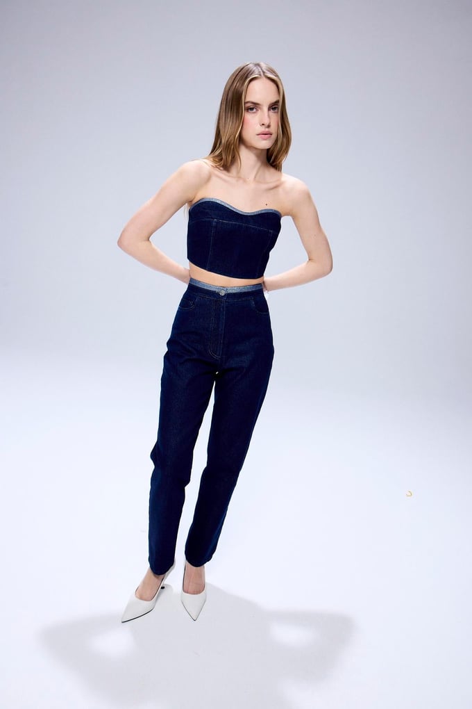 Glitter Stitch Detail Navy Denim Pants
