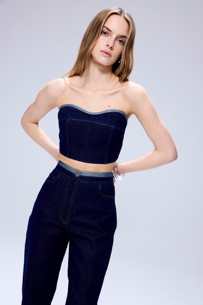 Glitter Stitch Detail Navy Denim Pants