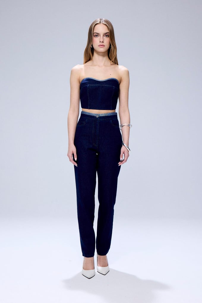 Glitter Stitch Detail Navy Denim Pants