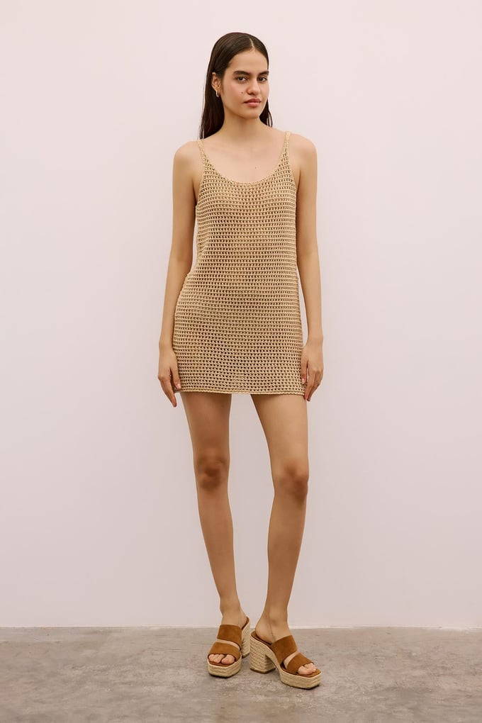 Shimmery Textured Strappy Mini Camel Dress