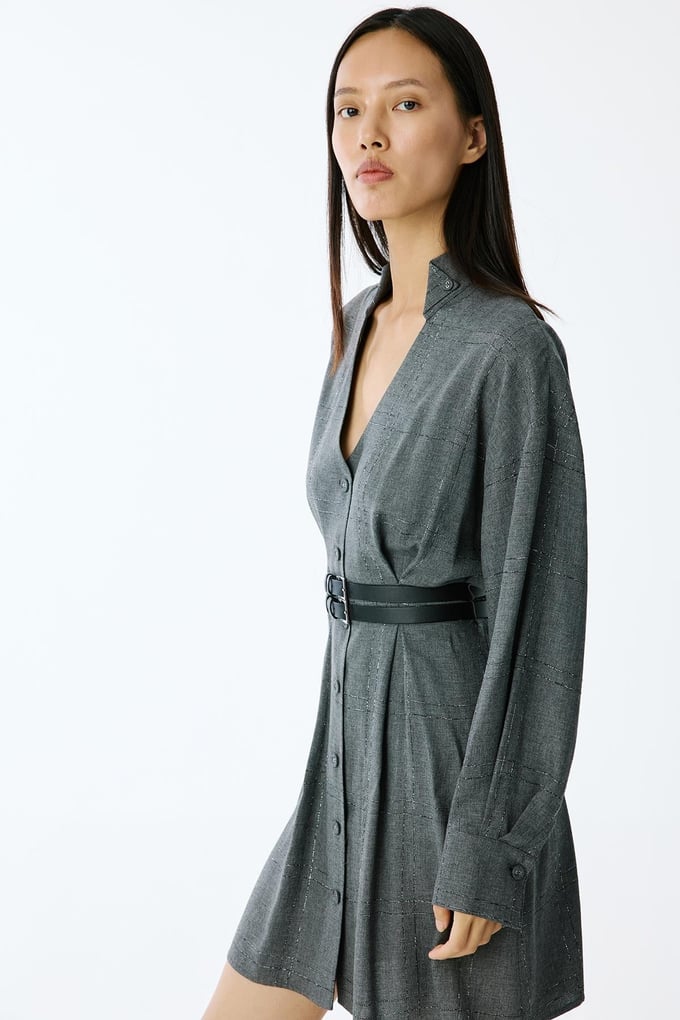Glitter Plaid V-Neck Grey Mini Dress