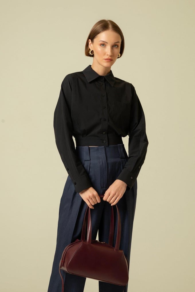 Back Decollete Pocketed Black Crop Shirt