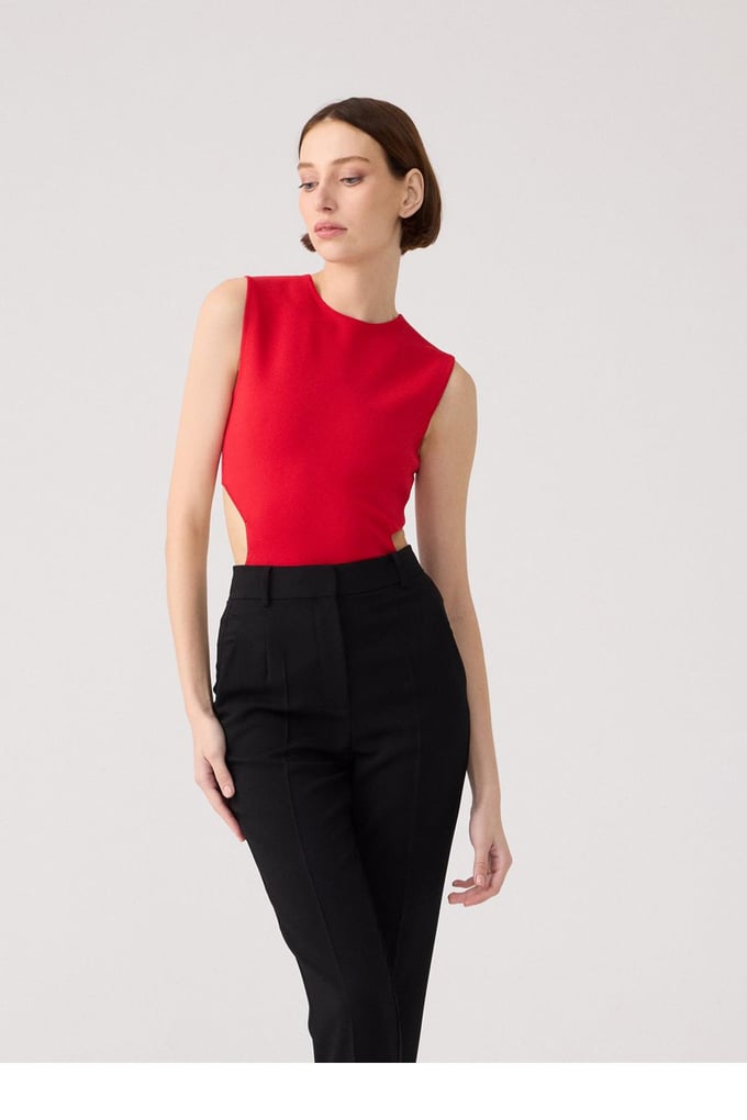 Back-Deep Detailed Red Knit Bodysuit