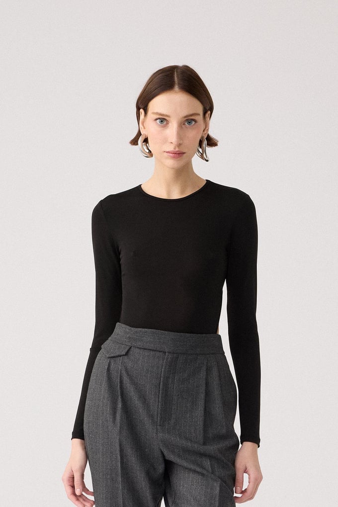 Open-Back Long-Sleeve Black Bodysuit