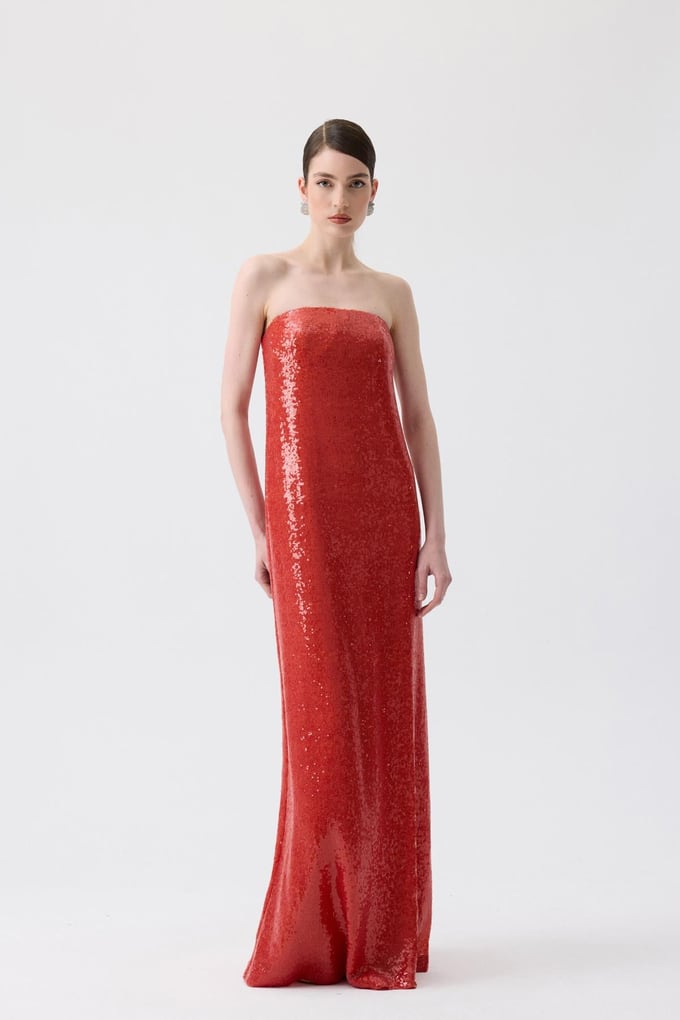 Strapless Long Orange Sequin Dress