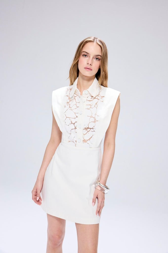 Transparent Detail Denim Ecru Mini Dress