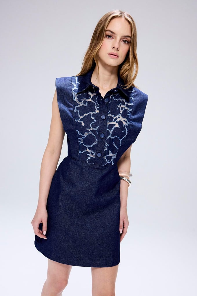 Transparent Detail Denim Navy Mini Dress