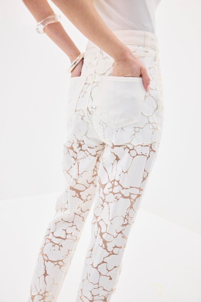 Transparent Detail Ecru Denim Pants