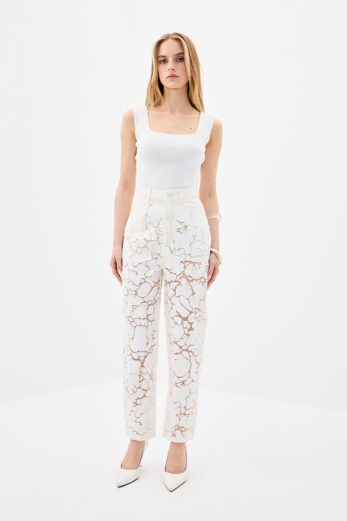 Transparent Detail Ecru Denim Pants