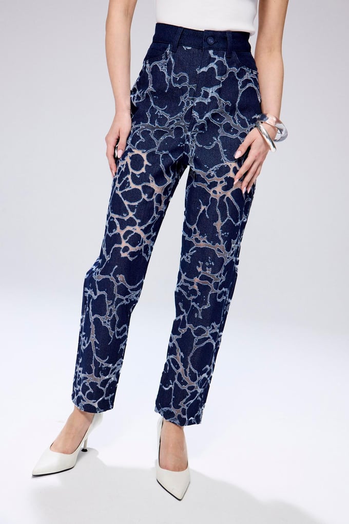 Transparent Detail Blue Denim Pants