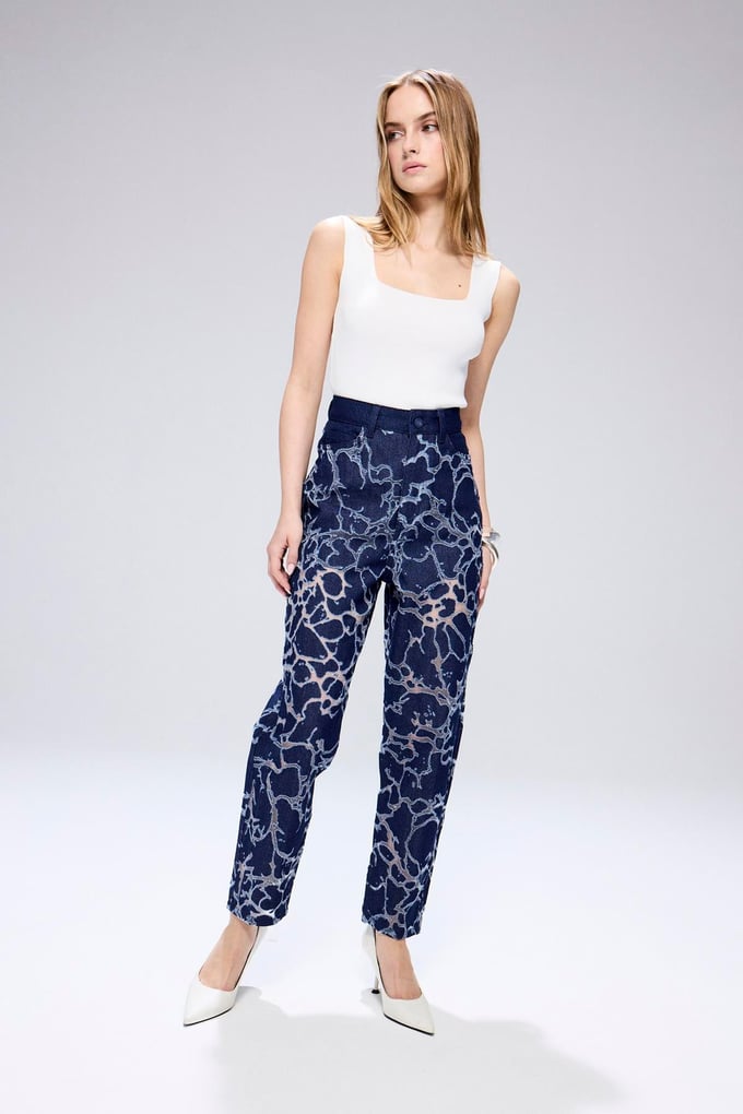 Transparent Detail Blue Denim Pants