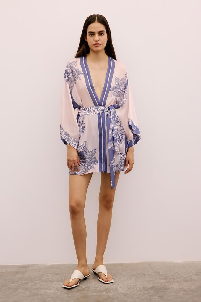 Tropical Patterned Belted Purple Kimono