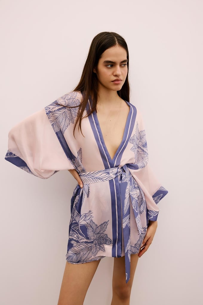 Tropical Patterned Belted Purple Kimono