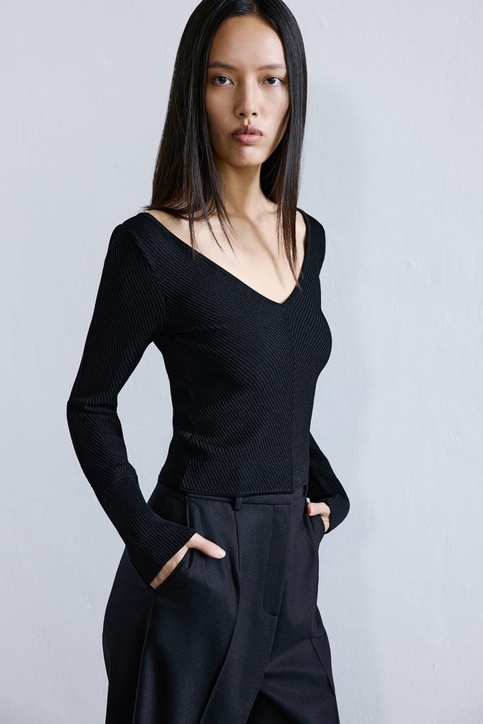 V-Neck Textured Black Knit Blouse