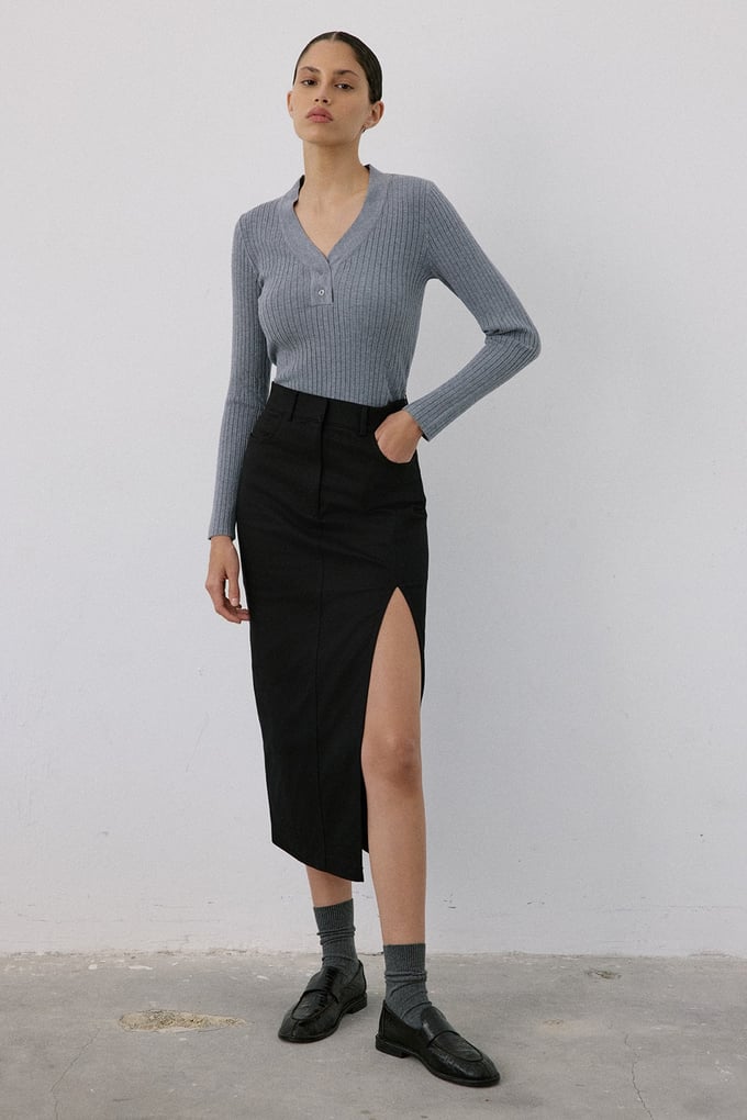 V Neck Ribbed Knit Grey Sweater