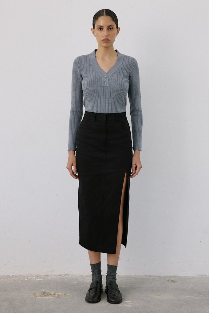 V Neck Ribbed Knit Grey Sweater