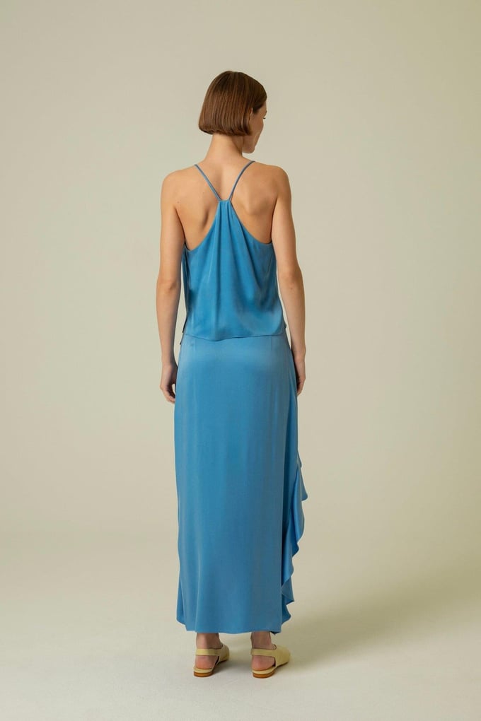 Ruffle Detail Slit Blue Long Skirt