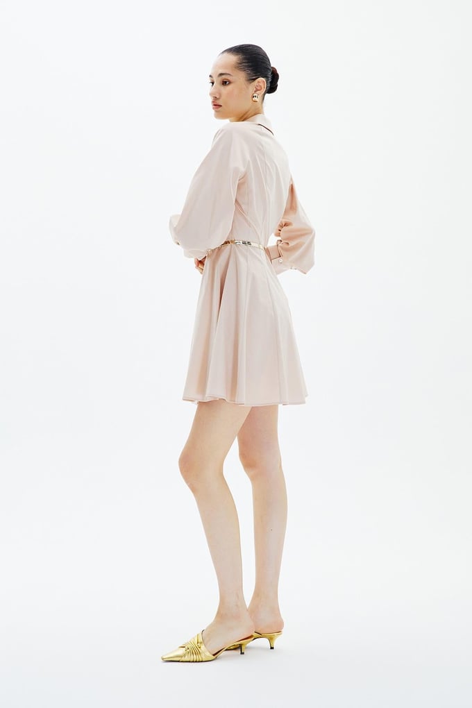 Ruffled Mini Shirt Beige Dress