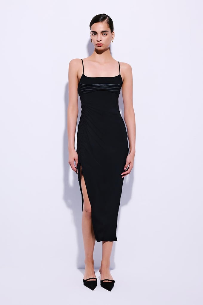 Side Ruched Strappy Black Midi Dress  