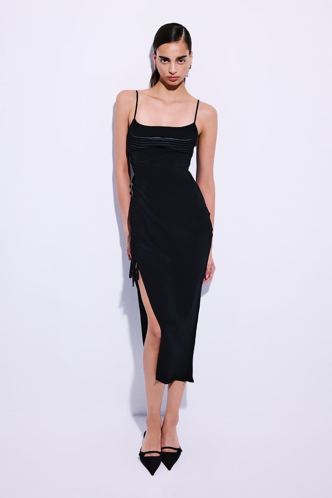 Side Ruched Strappy Black Midi Dress  
