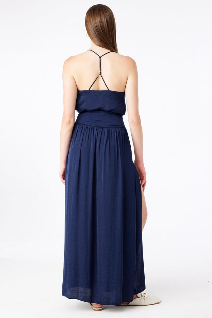 Slit Detailed Navy Long Skirt