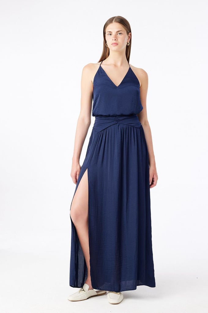Slit Detailed Navy Long Skirt