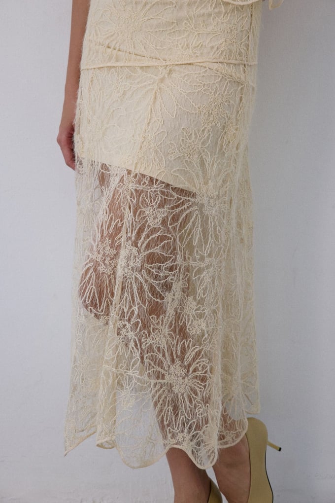High Waist Lace Midi Ecru Skirt