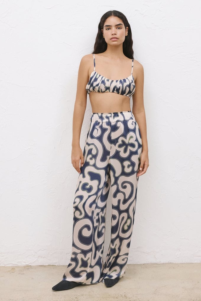High Waist Wide Leg Patterned Navy Blue Trousers