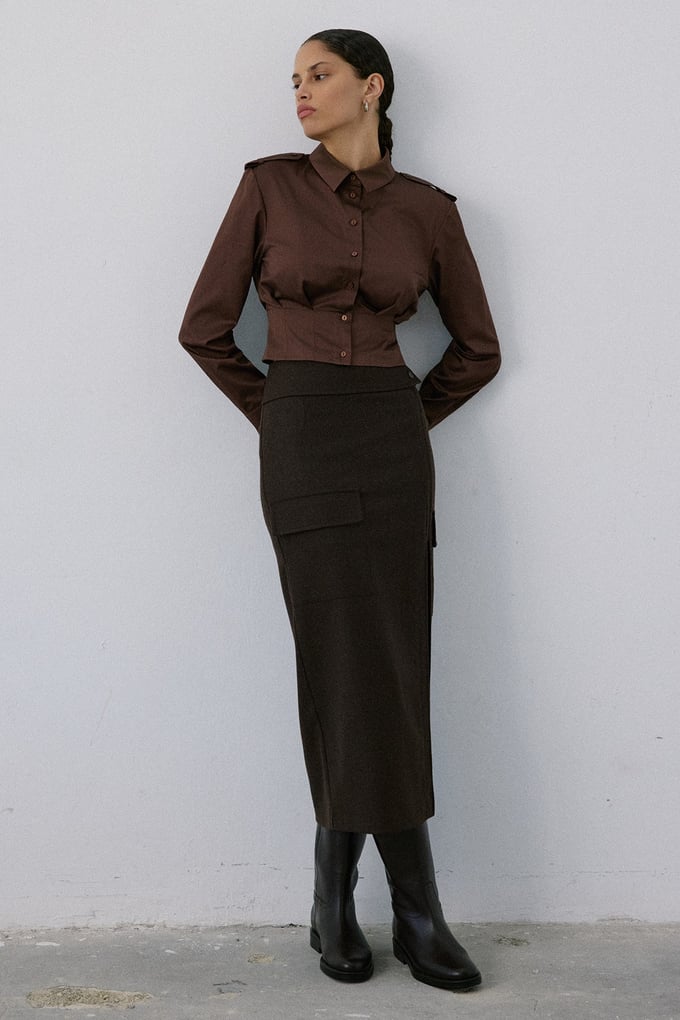 High Waist Cargo Pocket Midi Brown Skirt