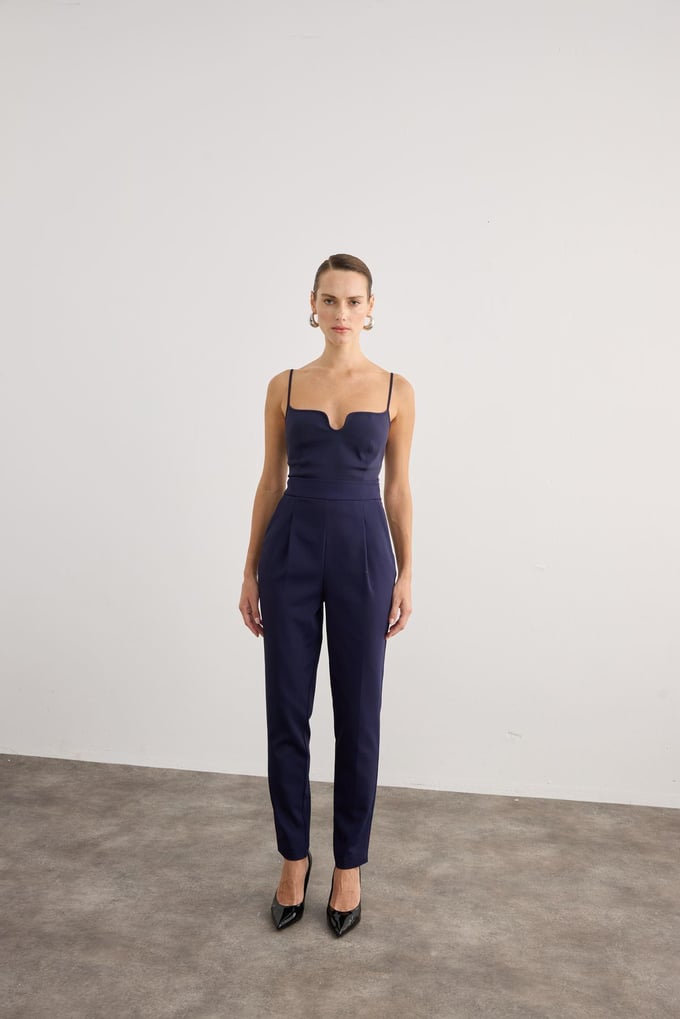 High Waist Front Pleated Navy Trousers
