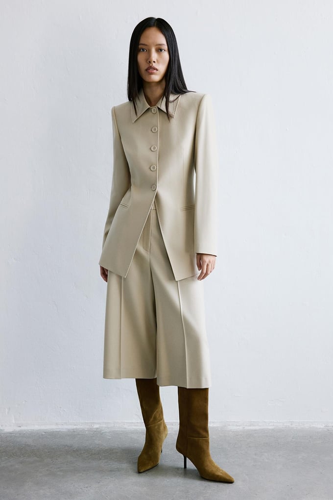 Wool-Textured Beige Long Jacket  