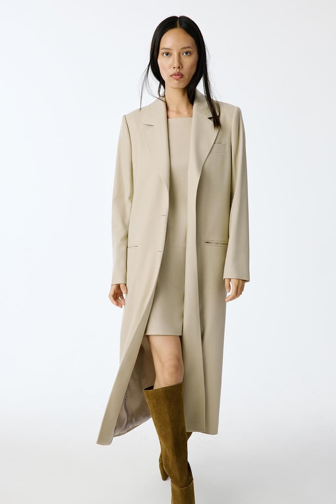 Wool-Textured Square Neck Mini Beige Dress