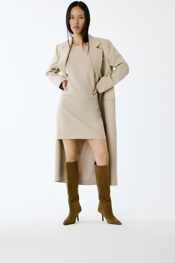 Wool-Textured Square Neck Mini Beige Dress
