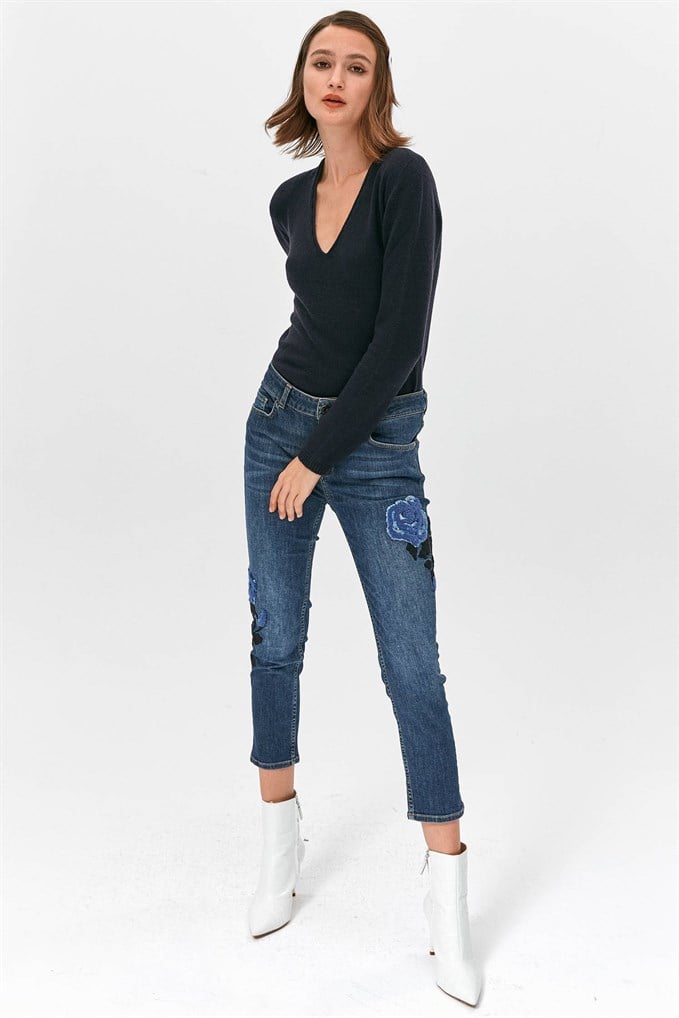 Denim Çiçek Aplikeli Jean Pantolon