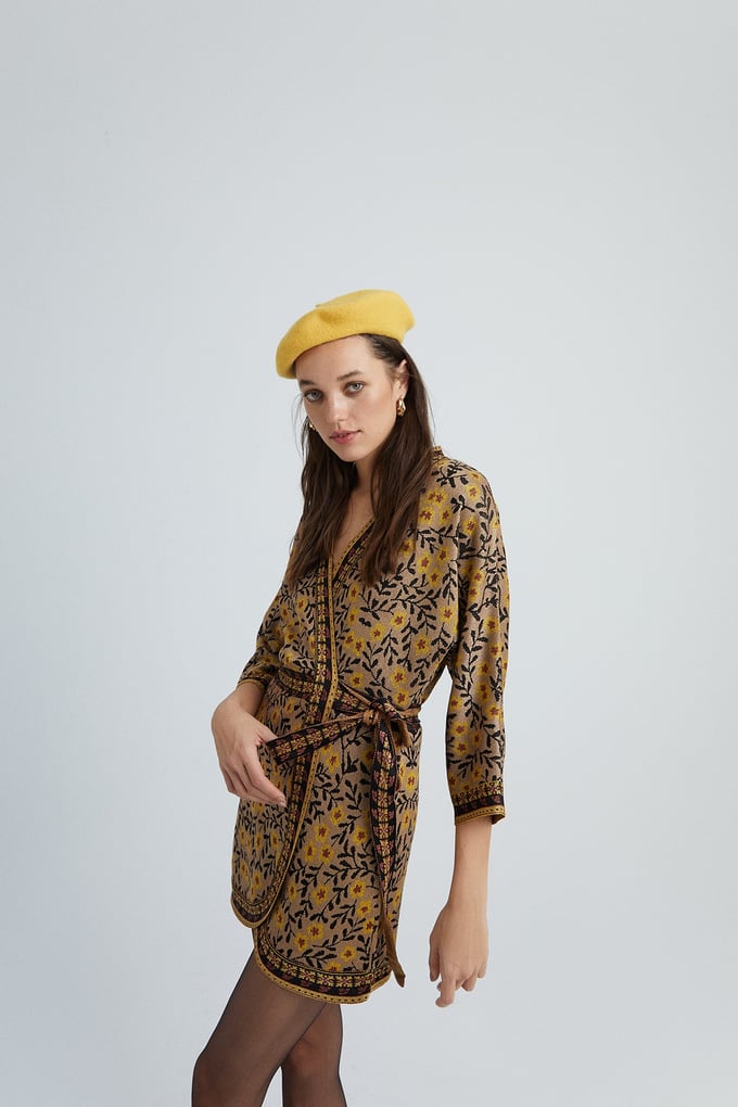 Long Sleeve Printed Camel Mini Dress