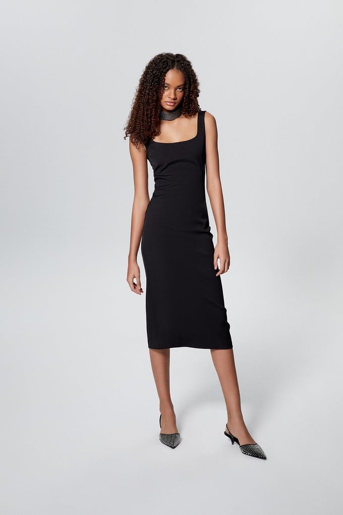 Squared Neckline Black Dress