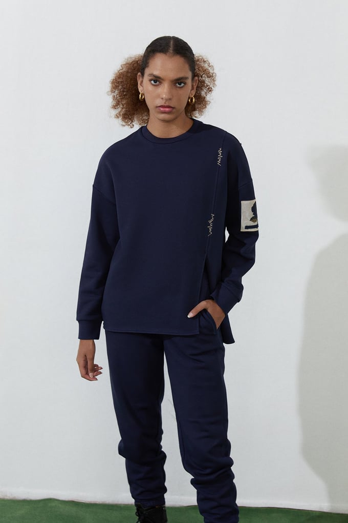 Lacivert Asimetrik Yırtmaçlı Sweatshirt