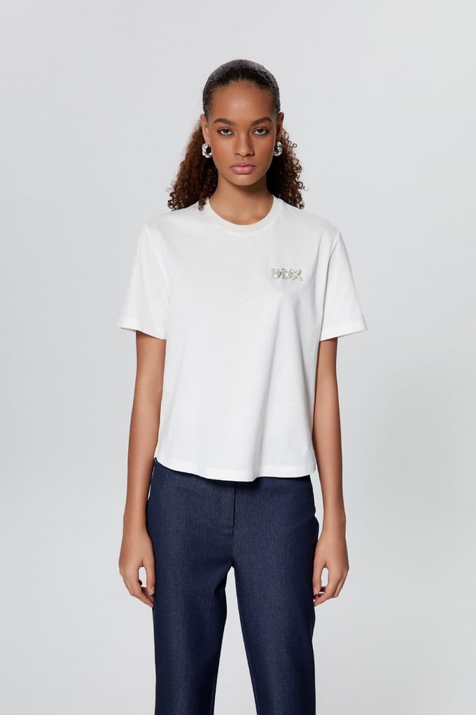 Taşlı Basic Ekru T-Shirt