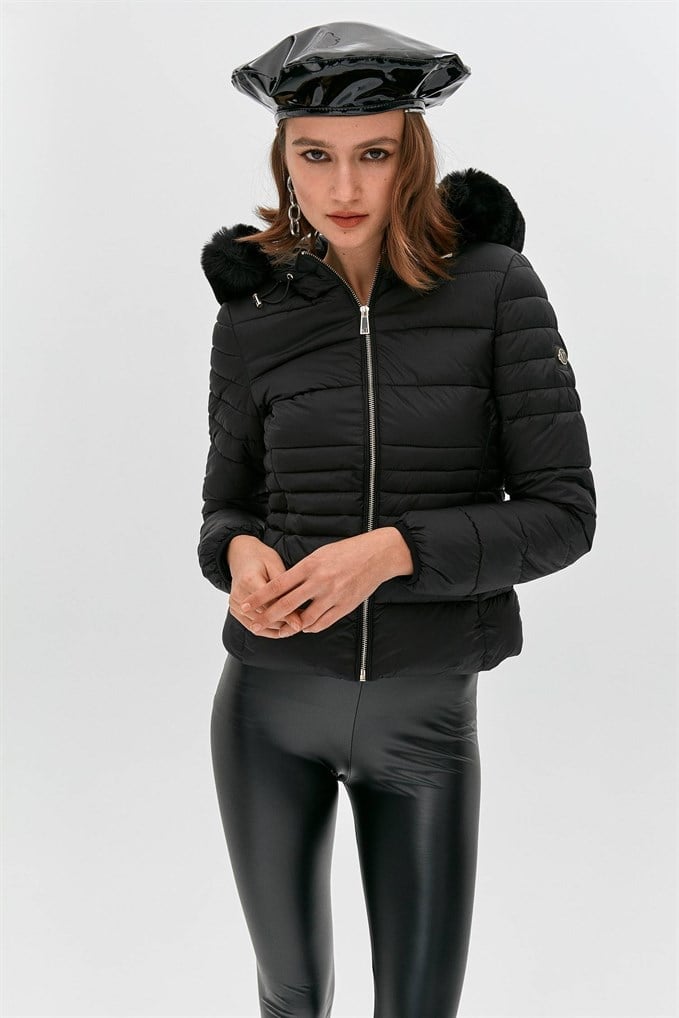 Hooded Artificial Fur Inflatable Black Coat