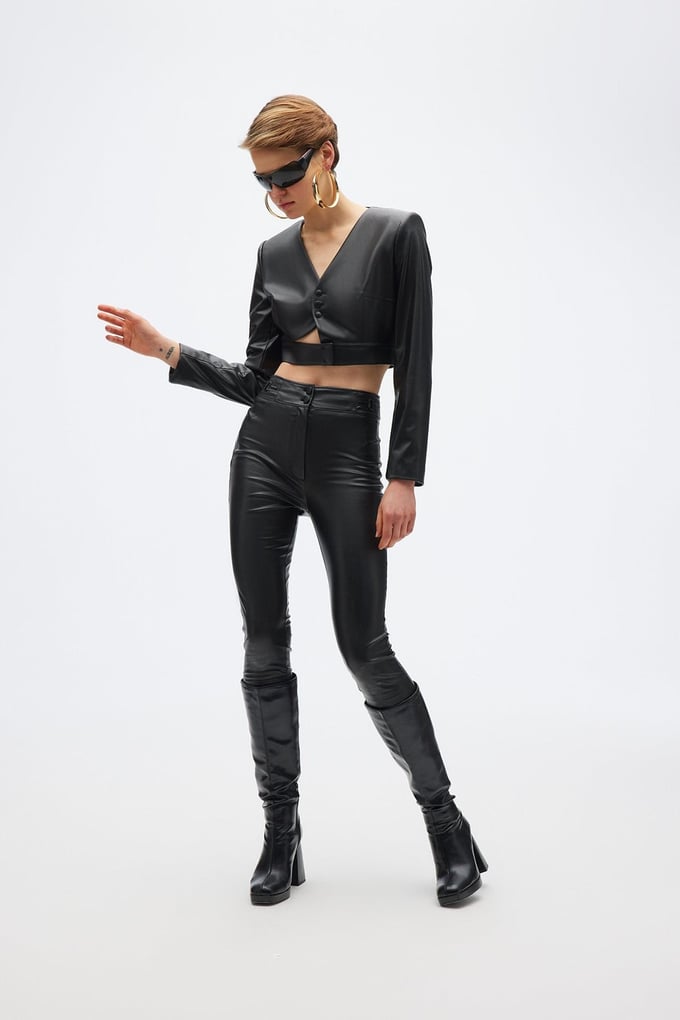 Cut-Out Detailed Black Crop Jacket