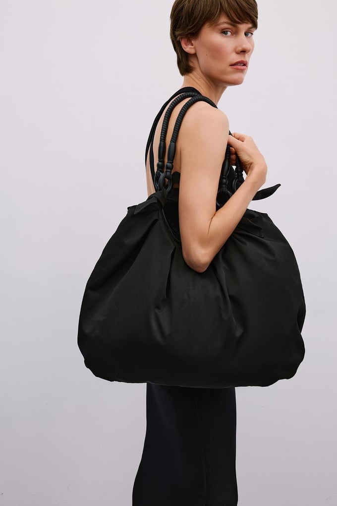 Wooden Handle Large Black Bag
