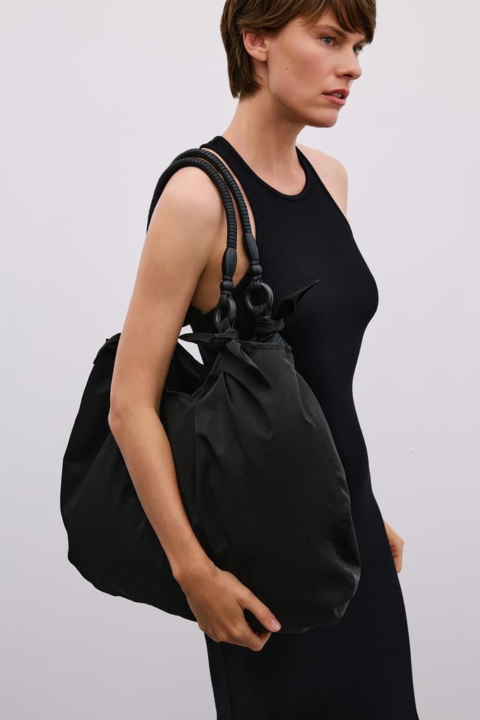 Wooden Handle Large Black Bag