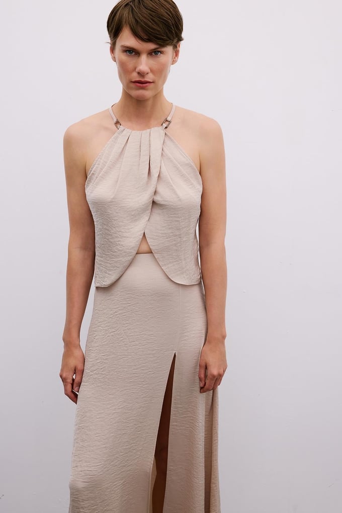 Accessory Detailed Halter Neck Beige Crop Blouse